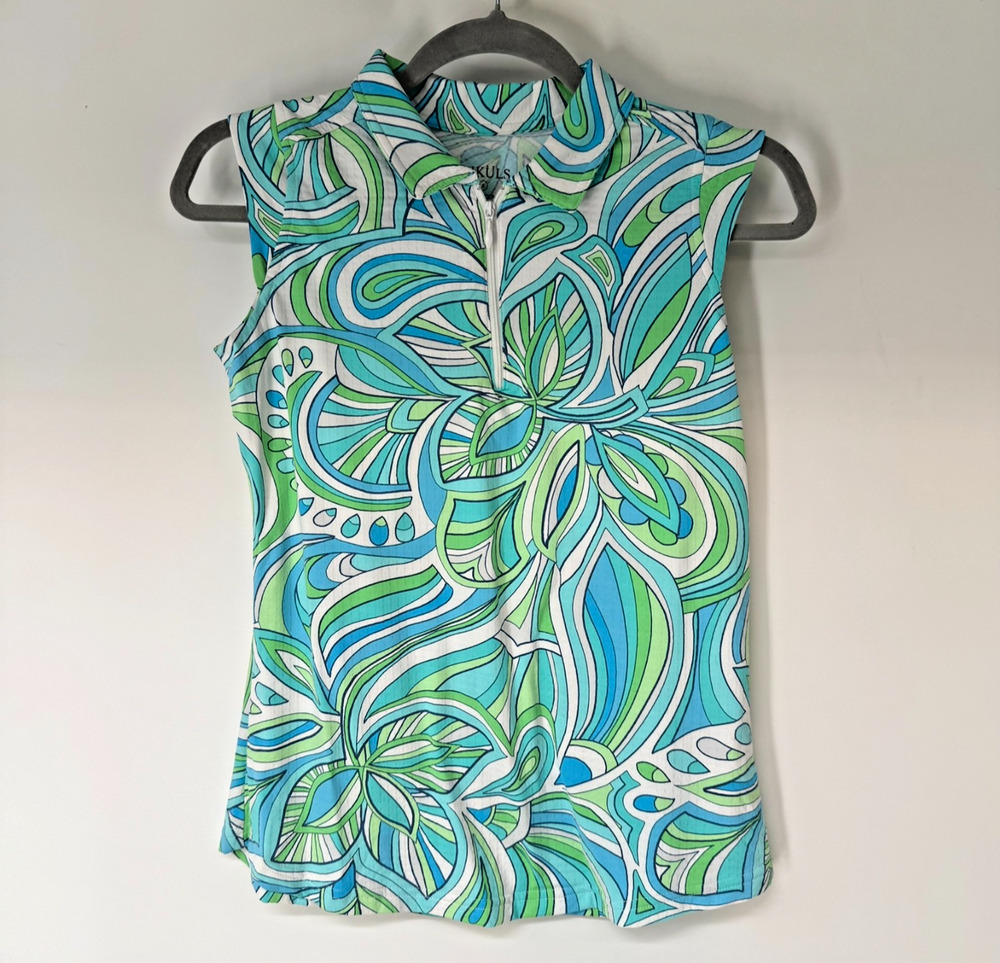 Icikuls Sporty Golf Shirt Women S Blue Green Abstract Floral 1/4 Zip Performance